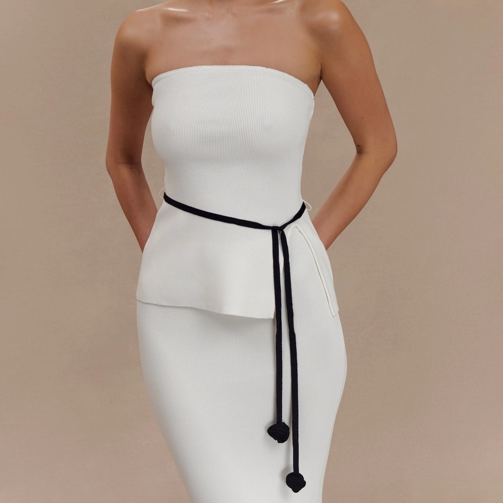 Meshki White Strapless Top with Black Tie Detail